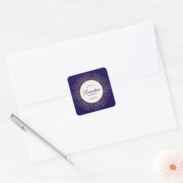 Ramadhan Mubarak Navy and Golden Mandala  Square Sticker (Envelope)
