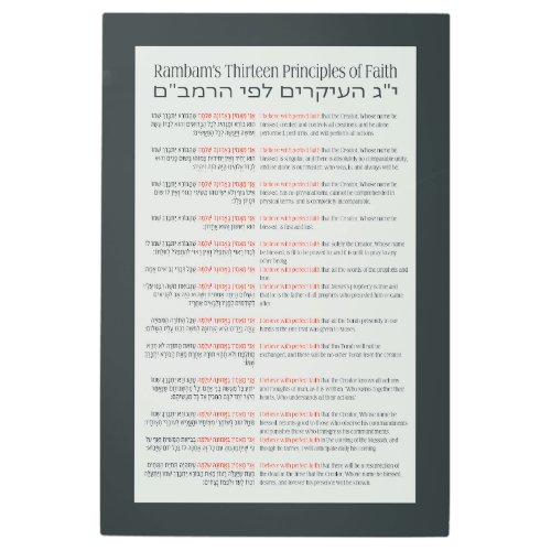 Rambams 13 Principles of Jewish Faith Dark Green Metal Print