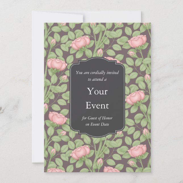 Rambling Pink Roses Personalized Dark Plum Invitation (Front)