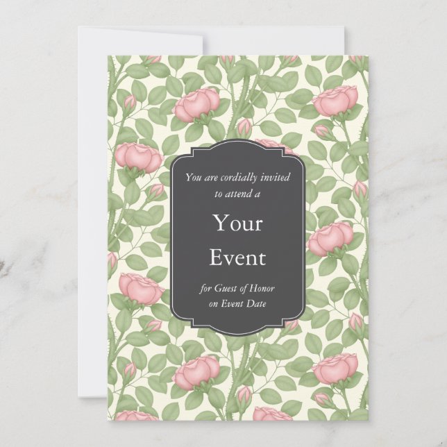 Rambling Pink Roses Personalized Ivory Invitation (Front)