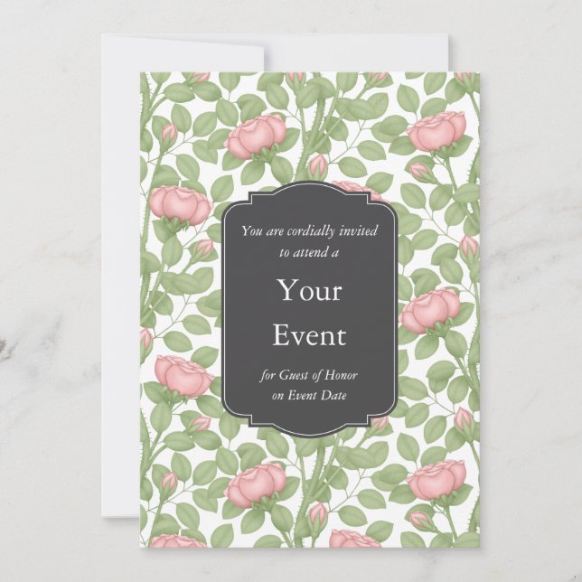 Rambling Pink Roses Personalized White Invitation (Front)