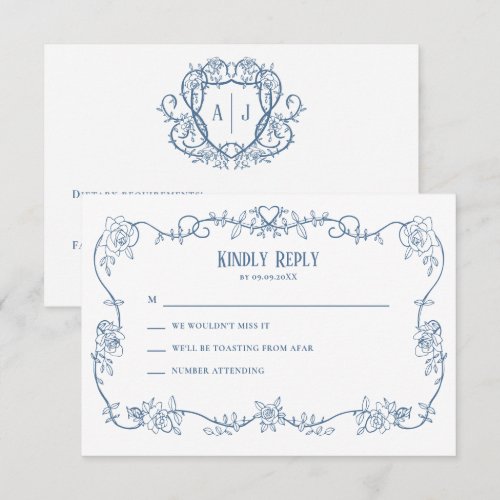 Rambling Rose Blue Vintage Wedding Invitation, RSVP Card