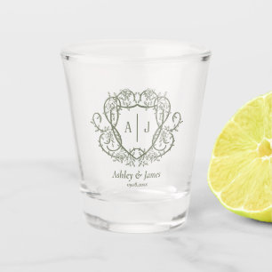 Rambling Rose Garden Monogram Crest Wedding Shot Glass