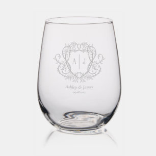 Rambling Rose Garden Monogram Crest Wedding Stemless Wine Glass