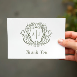 Rambling Rose Garden Monogram Crest Wedding Thank You Card