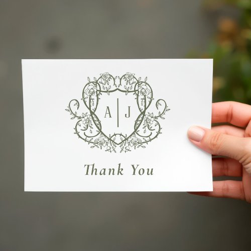 Rambling Rose Garden Monogram Crest Wedding Thank You Card