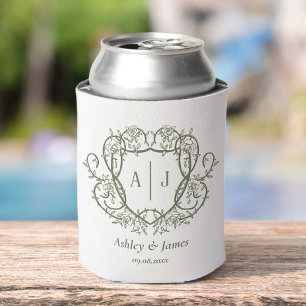 Rambling Rose Sage Monogram Crest Wedding Can Cooler