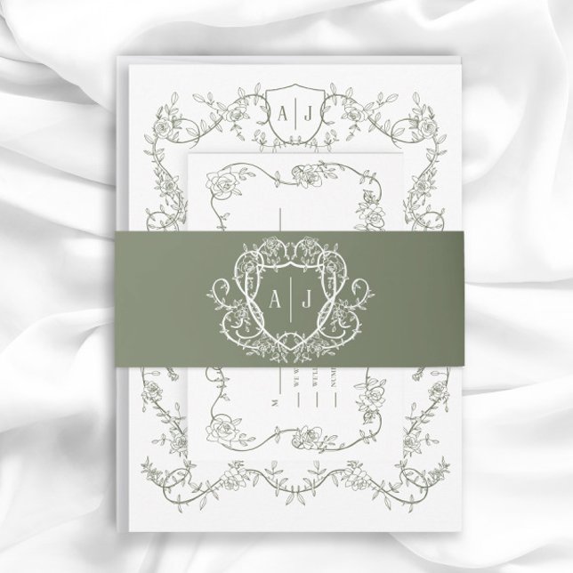 Rambling Rose Sage Monogram Crest Wedding Invitation Belly Band (Creator Uploaded)