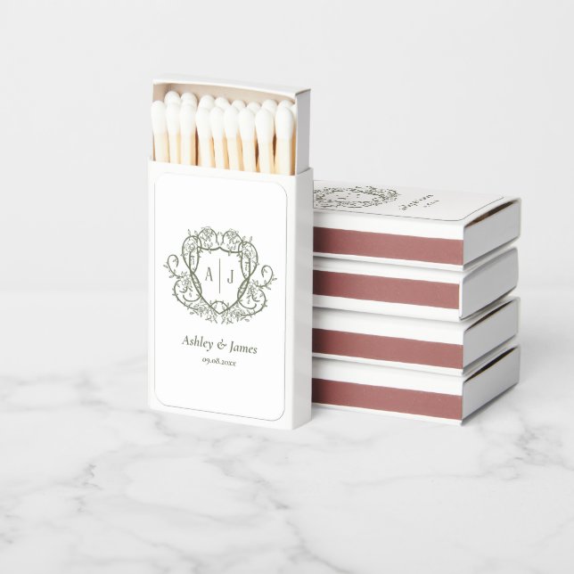 Rambling Rose Sage Monogram Crest Wedding Matchboxes (Stacked)