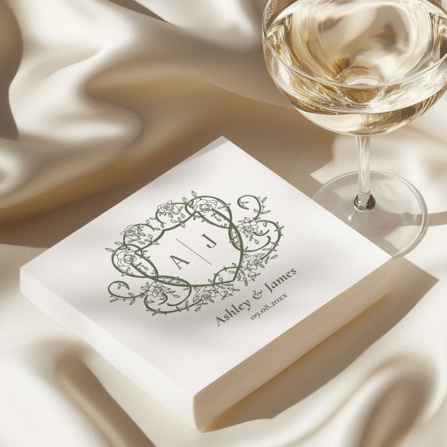 Rambling Rose Sage Monogram Crest Wedding Napkins (Creator Uploaded)