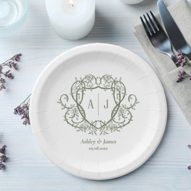 Rambling Rose Sage Monogram Crest Wedding Paper Plates (Creator Uploaded)