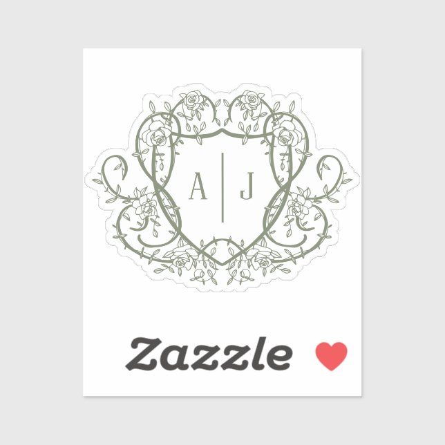Rambling Rose Sage Monogram Crest Wedding Sticker (Sheet)