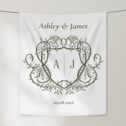 Rambling Rose Sage Monogram Crest Wedding Tapestry