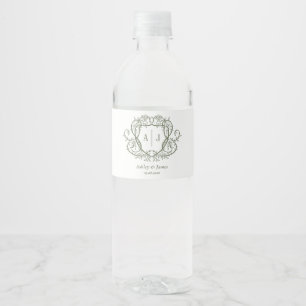 Rambling Rose Sage Monogram Crest Wedding Water Bottle Label