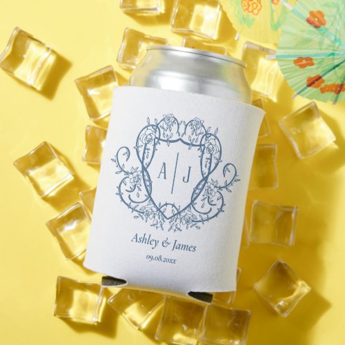 Rambling Rose Steel Blue Monogram Crest Wedding Can Cooler