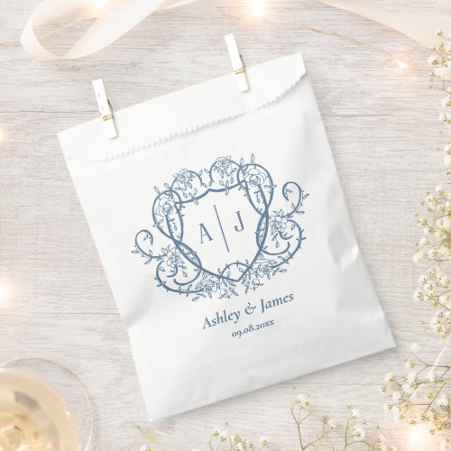 Rambling Rose Steel Blue Monogram Crest Wedding Favor Bag