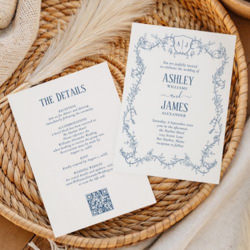 Rambling Rose Steel Blue Monogram Crest Wedding Invitation