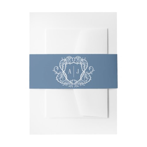 Rambling Rose Steel Blue Monogram Crest Wedding Invitation Belly Band