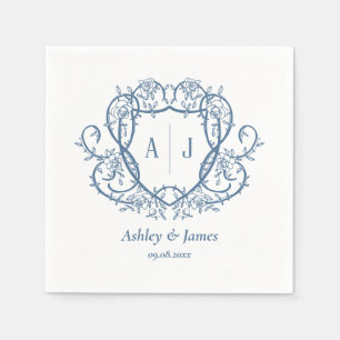 Rambling Rose Steel Blue Monogram Crest Wedding Napkins