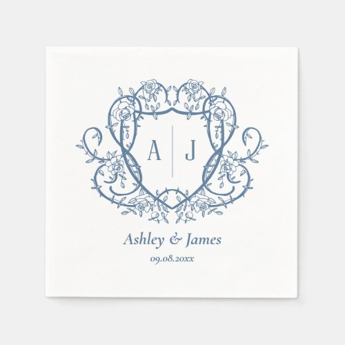 Rambling Rose Steel Blue Monogram Crest Wedding Napkins