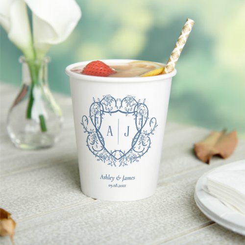 Rambling Rose Steel Blue Monogram Crest Wedding Paper Cups