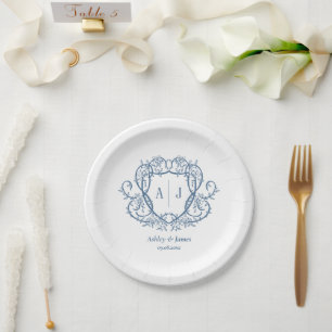 Rambling Rose Steel Blue Monogram Crest Wedding Paper Plates