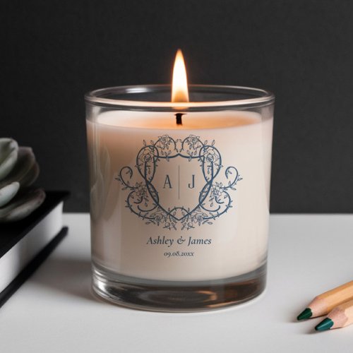 Rambling Rose Steel Blue Monogram Crest Wedding Scented Candle