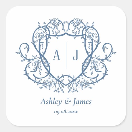 Rambling Rose Steel Blue Monogram Crest Wedding Square Sticker