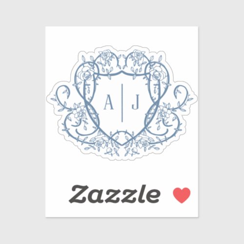 Rambling Rose Steel Blue Monogram Crest Wedding Sticker
