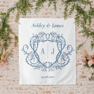 Rambling Rose Steel Blue Monogram Crest Wedding Tapestry