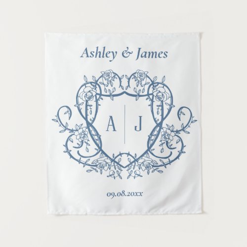 Rambling Rose Steel Blue Monogram Crest Wedding Tapestry