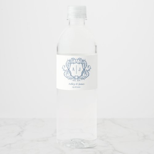 Rambling Rose Steel Blue Monogram Crest Wedding Water Bottle Label