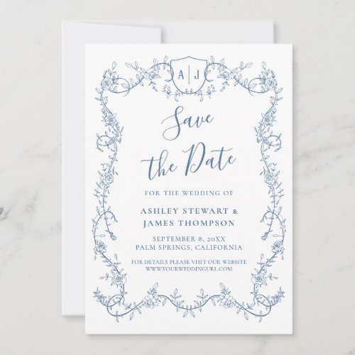 Rambling Rose Steel Blue Wedding Save the Date Invitation