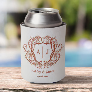 Rambling Rose Terracotta Monogram Crest Wedding Can Cooler