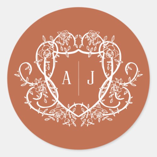 Rambling Rose Terracotta Monogram Crest Wedding Classic Round Sticker
