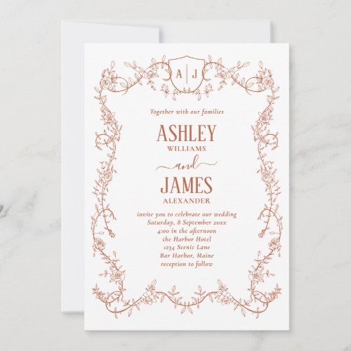Rambling Rose Terracotta Monogram Crest Wedding Invitation