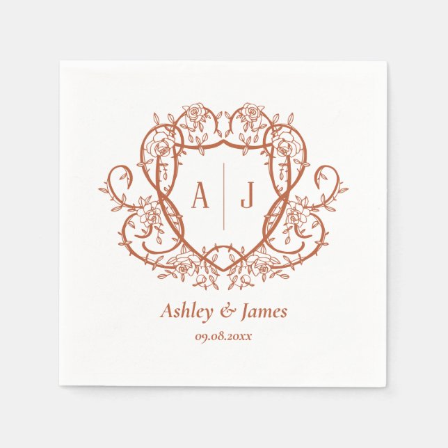 Rambling Rose Terracotta Monogram Crest Wedding Napkins (Front)