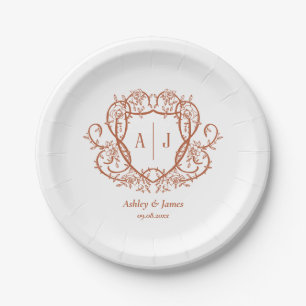 Rambling Rose Terracotta Monogram Crest Wedding Paper Plates