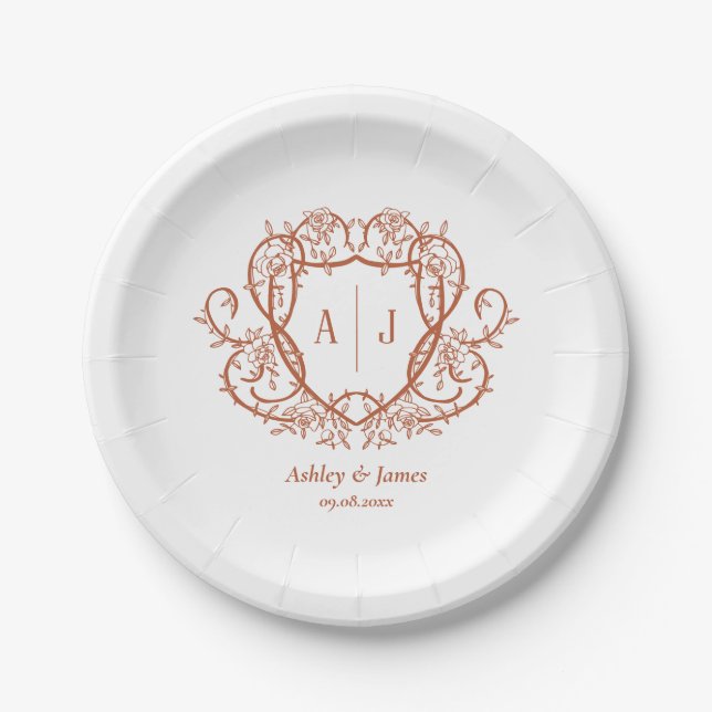 Rambling Rose Terracotta Monogram Crest Wedding Paper Plates (Front)