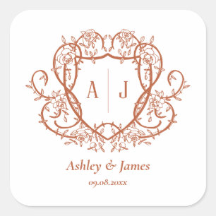 Rambling Rose Terracotta Monogram Crest Wedding Square Sticker