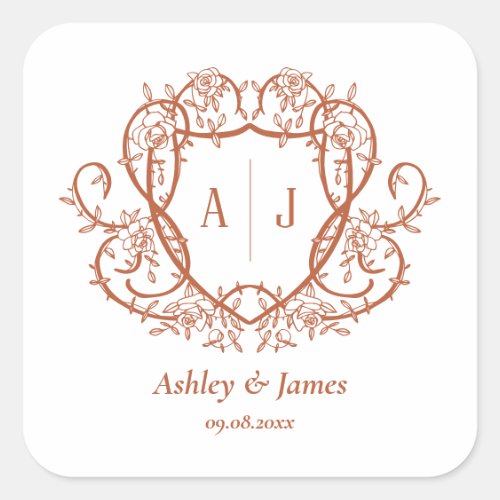 Rambling Rose Terracotta Monogram Crest Wedding Square Sticker