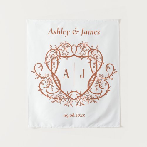 Rambling Rose Terracotta Monogram Crest Wedding Tapestry