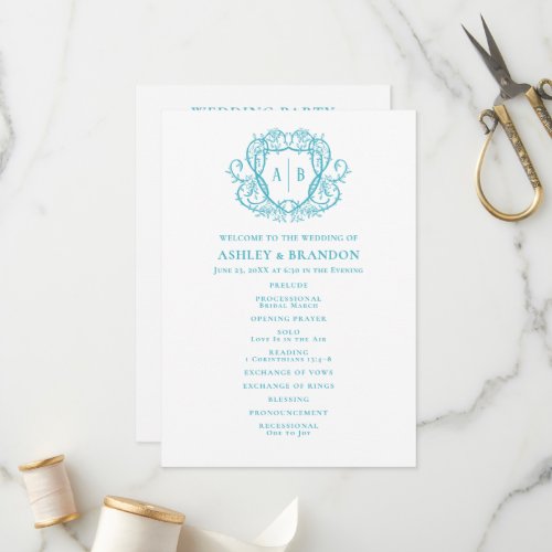 Rambling Rose Turquoise Crest Monogram Wedding Program