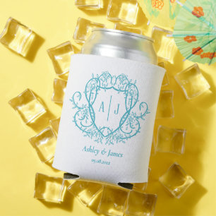 Rambling Rose Turquoise Monogram Crest Wedding Can Cooler