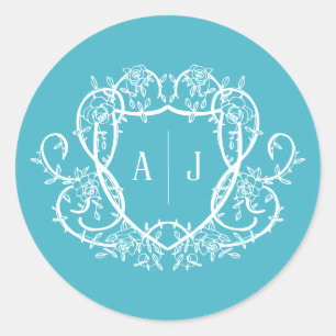 Rambling Rose Turquoise Monogram Crest Wedding Classic Round Sticker