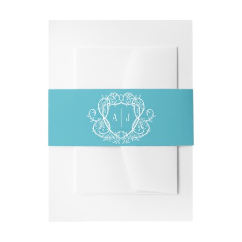 Rambling Rose Turquoise Monogram Crest Wedding Invitation Belly Band