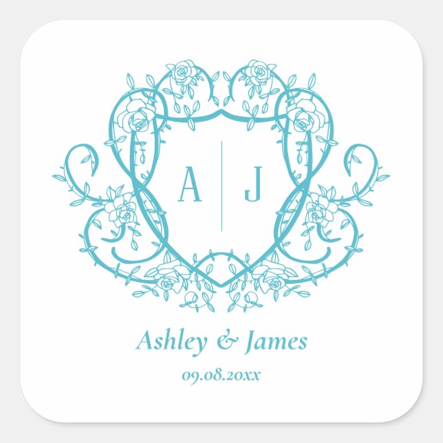 Rambling Rose Turquoise Monogram Crest Wedding Square Sticker (Front)