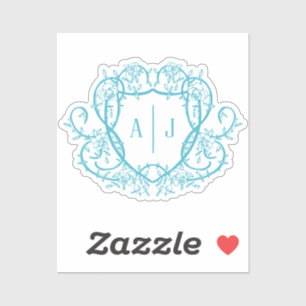 Rambling Rose Turquoise Monogram Crest Wedding Sticker