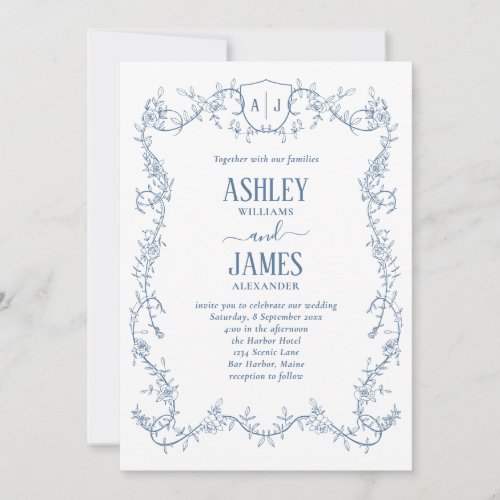 Rambling Rose Vine Blue Monogram Crest Wedding Invitation