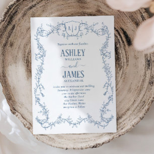 Rambling Rose Vine Blue Monogram Crest Wedding Invitation